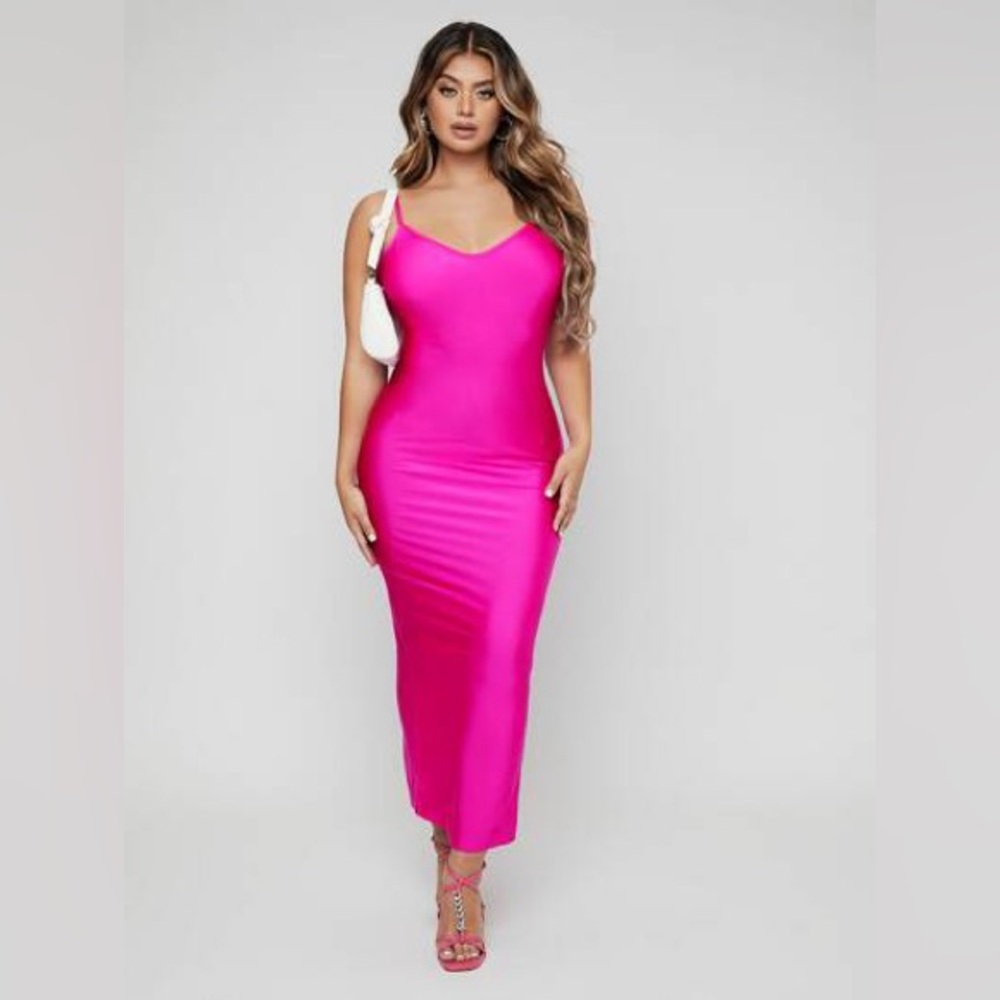 Neon Pink Bodycon Dress stretch spaghetti straps